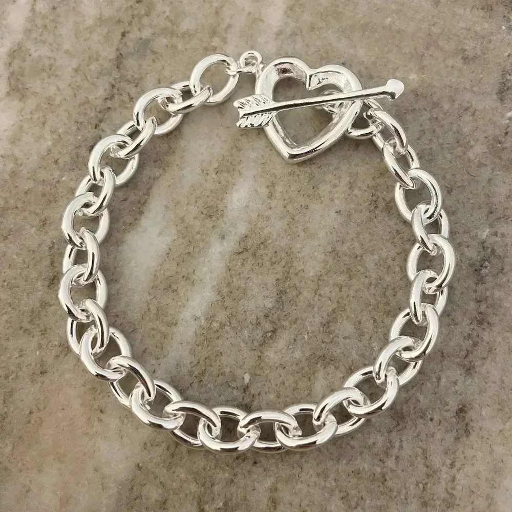 925 Sterling Silver Chunky Heart & Arrow Toggle Bracelet Chain Link Bracelet